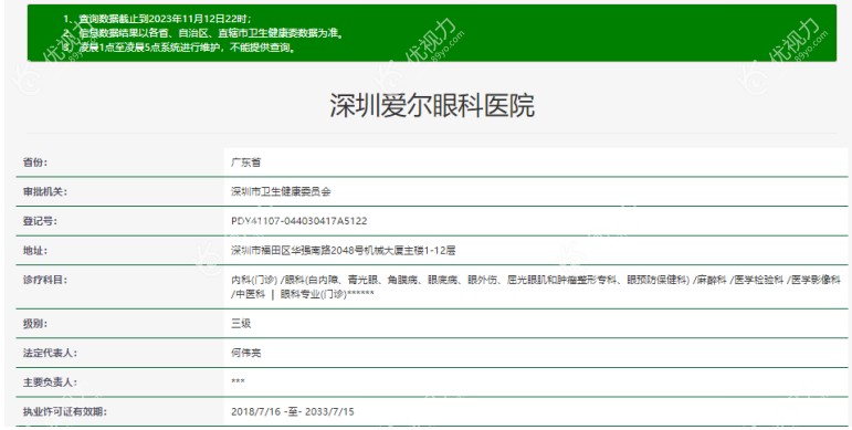深圳爱尔眼科医院卫健委信息