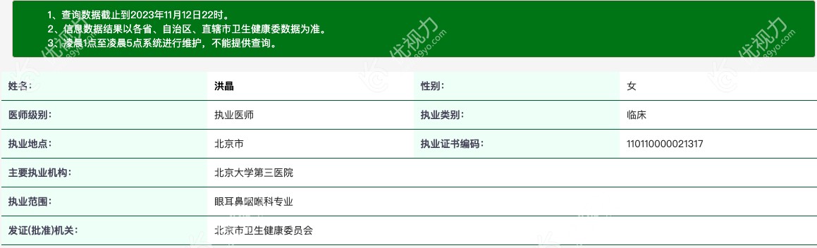 洪晶医生执业资质